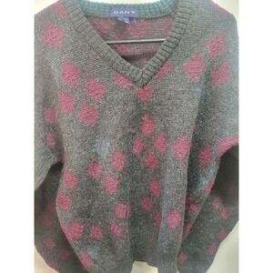 Vtg GANT Wool Sweater Mens Medium Gray Red Diamond V Neck Knitwear Pullover